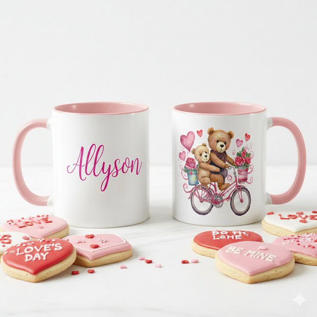 Valentine teddy bears on bicycle personalised mug (Creator Uploaded)