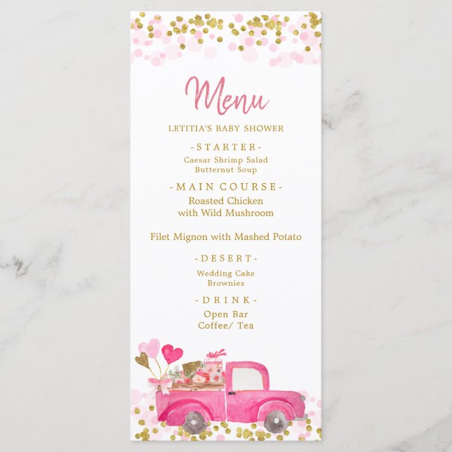 Valentine Truck Sweetheart Baby Shower Menu (Front)