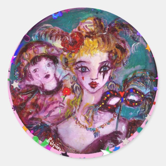 VALENTINE VENETIAN MASQUERADE MASKS AND  CONFETTI CLASSIC ROUND STICKER (Front)