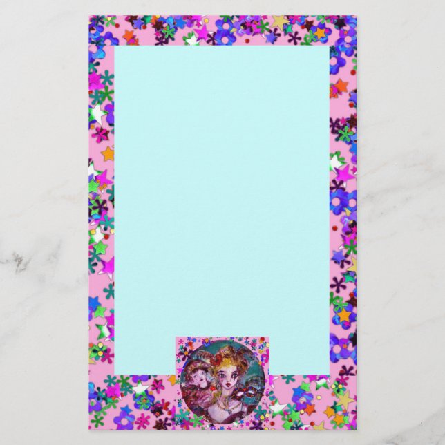 VALENTINE VENETIAN MASQUERADE MASKS,PINK CONFETTI STATIONERY (Front)