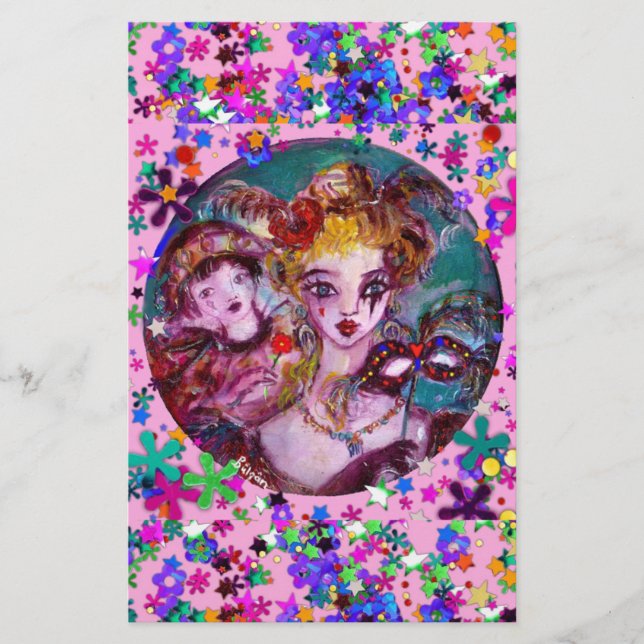 VALENTINE VENETIAN MASQUERADE MASKS Pink Confetti Stationery (Front)