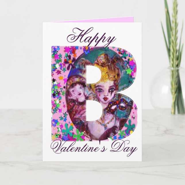 VALENTINE VENETIAN MASQUERADE MONOGRAM B LETTER HOLIDAY CARD (Front)