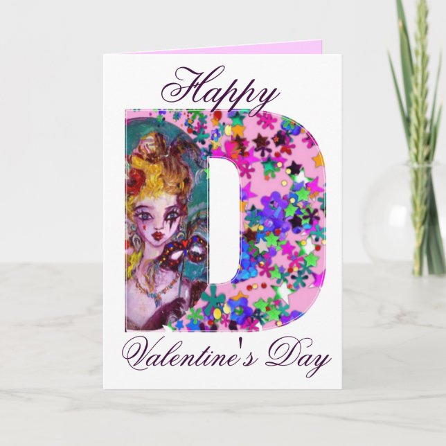 VALENTINE VENETIAN MASQUERADE MONOGRAM D LETTER HOLIDAY CARD (Front)