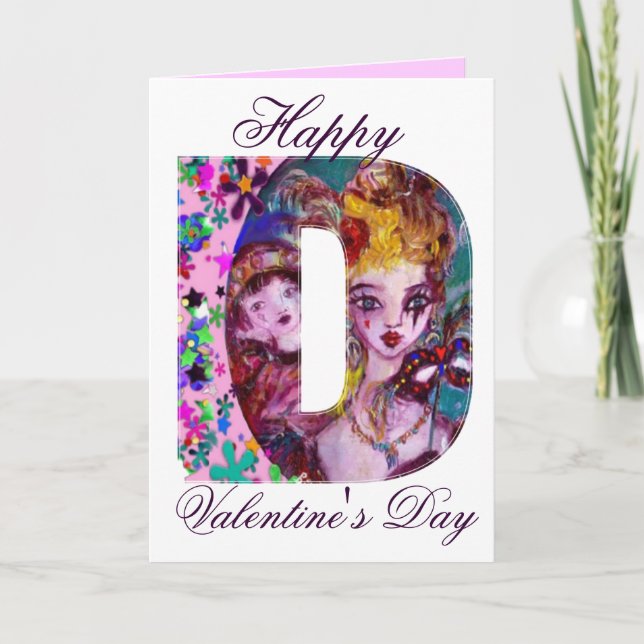 VALENTINE VENETIAN MASQUERADE MONOGRAM D LETTER HOLIDAY CARD (Front)