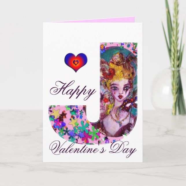 VALENTINE VENETIAN MASQUERADE MONOGRAM J LETTER HOLIDAY CARD (Front)