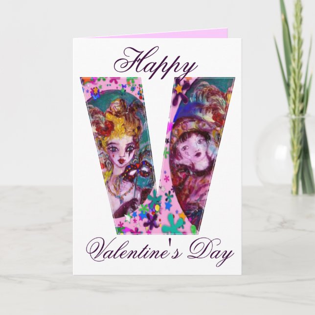 VALENTINE VENETIAN MASQUERADE MONOGRAM V LETTER HOLIDAY CARD (Front)