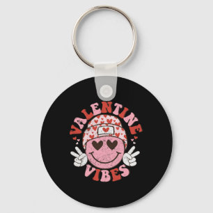 Valentine Vibes Retro Smile Face Happy Valentines Key Ring
