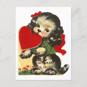 Valentine Vintage Cute Puppy and Heart Holiday Postcard