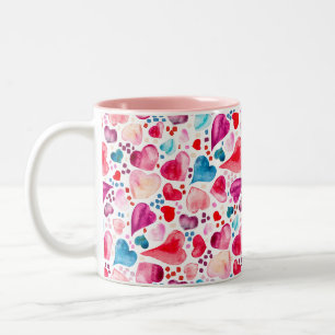 Valentine Watercolor Hearts and Confetti Two-Tone Coffee Mug