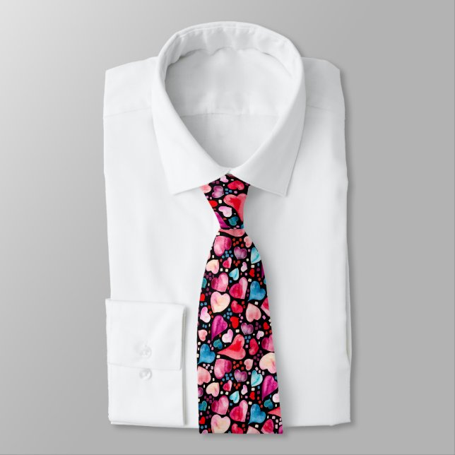 Valentine Watercolor Hearts & Confetti Black Tie (Tied)