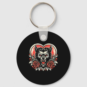 Valentine Werewolf Lunar Love With Heart And Roses Key Ring