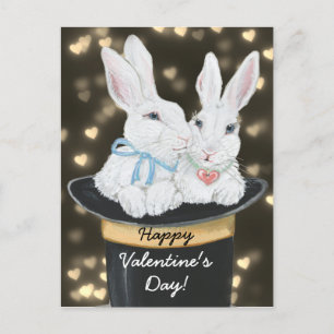 Valentine White Snuggle Bunny Rabbits, Magic Hat Holiday Postcard