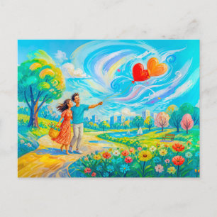 Valentine Wind Stroll – Couple with Heart Balloons Postcard