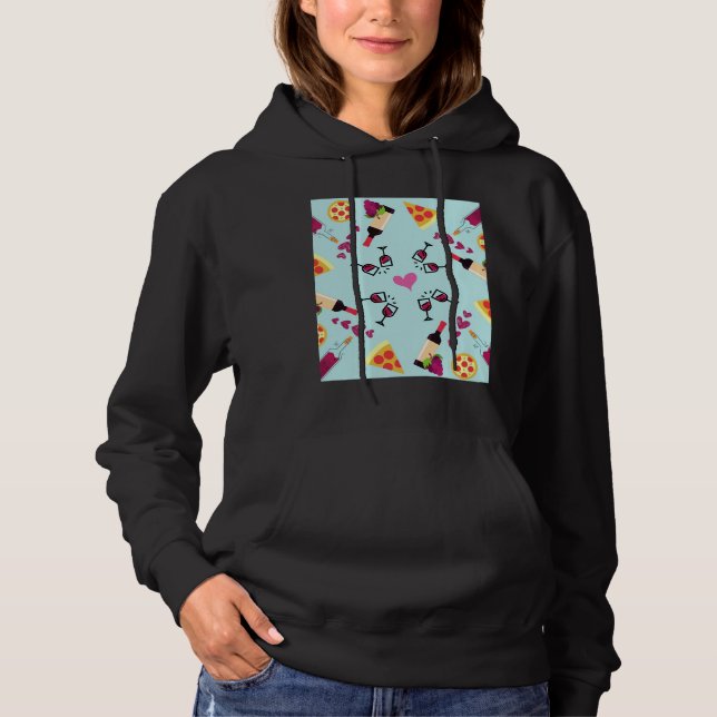 Valentine Wine Pizza Love Pattern Graphic Hoodie (Front)