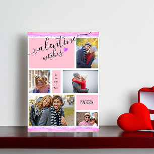 Valentine Wishes 5 Photo Collage Pink Valentine's Holiday Card