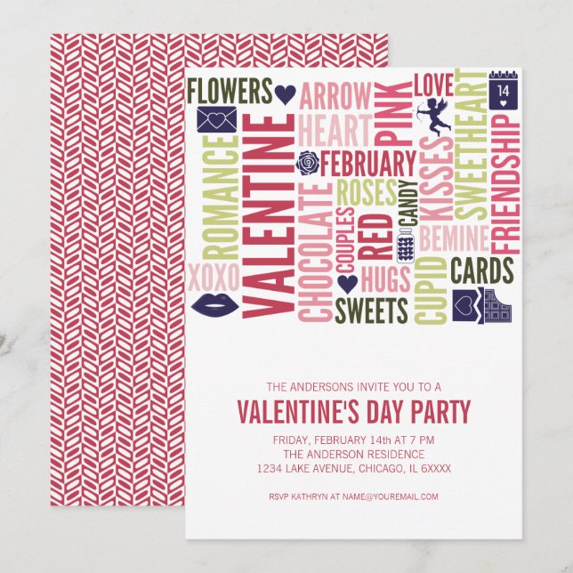 Valentine Words Valentine's Day Party Card (Front/Back)
