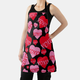 Valentine XOXO Heart Pink Red Pattern Modern Black Apron