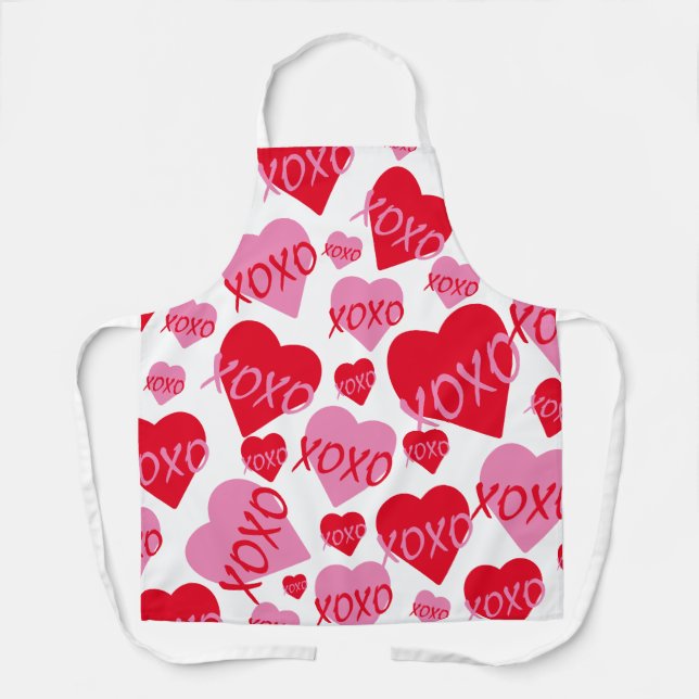 Valentine XOXO Heart Pink Red Pattern Modern White Apron (Front)