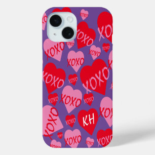 Valentine XOXO Heart Pink Red Pattern Purple Name iPhone 15 Case