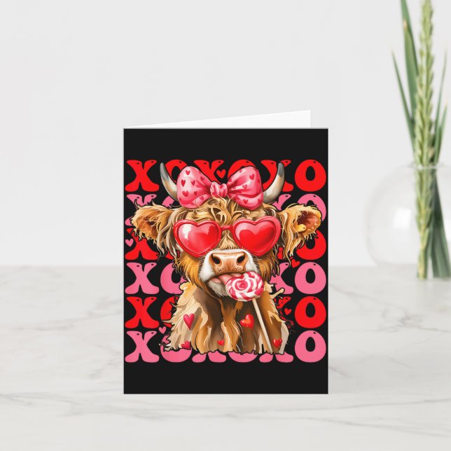 Valentine Xoxo Highland Cow Cute Coquette Bow West Card (Front)