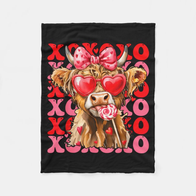 Valentine Xoxo Highland Cow Cute Coquette Bow West Fleece Blanket (Front)