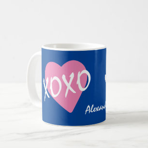 Valentine XOXO Hugs Kisses Pink Heart Blue Coffee Mug