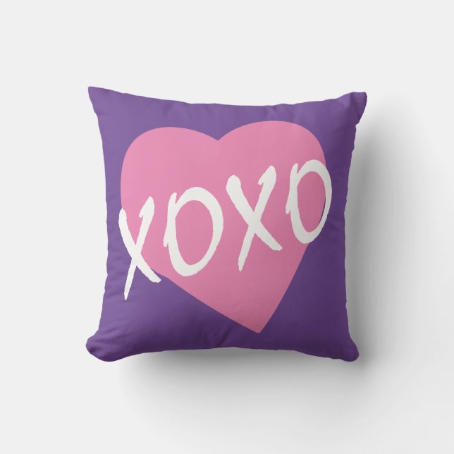 Valentine XOXO kisses hugs Pink Heart Purple Cushion (Front)