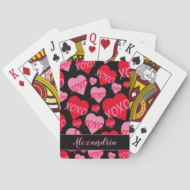 Valentine XOXO Pink Red Heart Pattern Blue Playing Cards (Back)