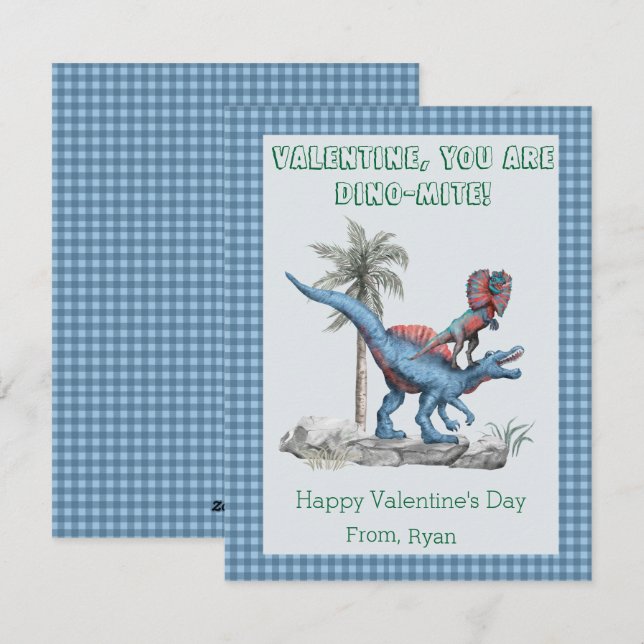 Valentine, You Are DINO-Mite! Blue Classroom   Holiday Card (Front/Back)