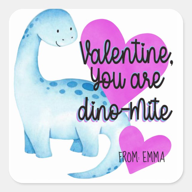 Valentine You are Dino-mite Blue Dinosaur hearts Square Sticker (Front)