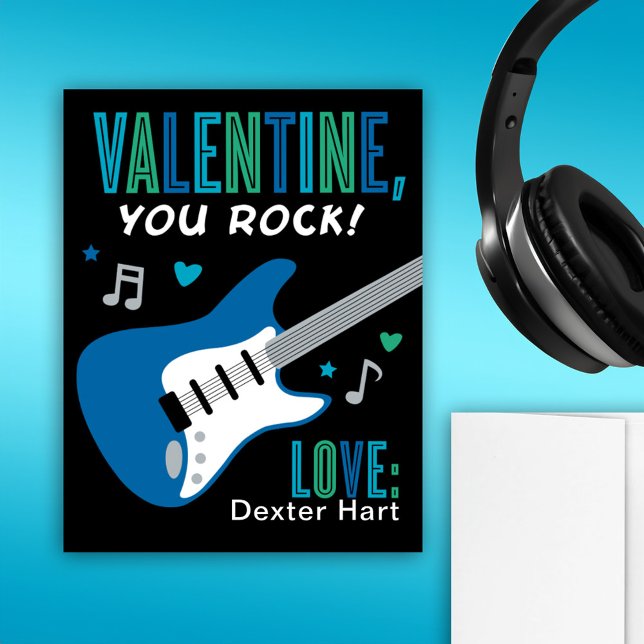 Valentine You Rock Blue Guitar Kids Valentines Day Holiday Card (Creator Uploaded)