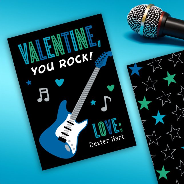 Valentine You Rock Blue Guitar Kids Valentines Day Invitation (Creator Uploaded)