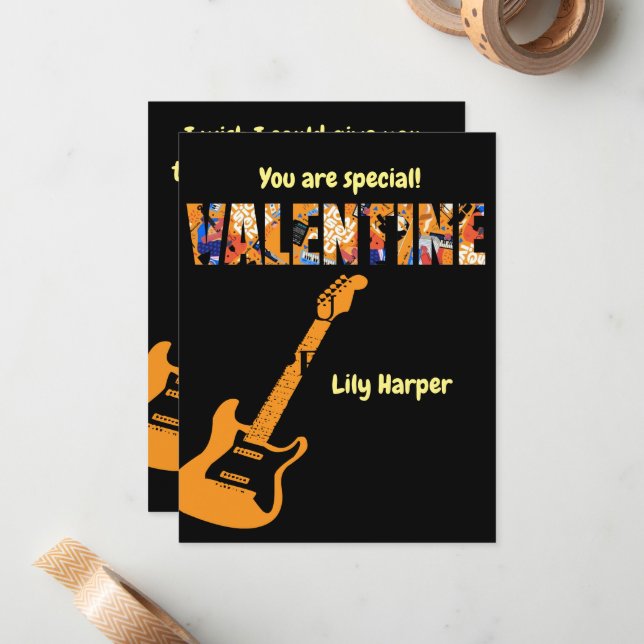 Valentine You Rock Red Guitar Kids Valentine's Day Card (Front/Back In Situ)
