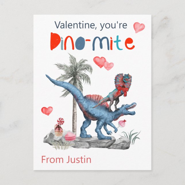 Valentine You're Dino-mite Dinosaur Classroom Postcard (Front)