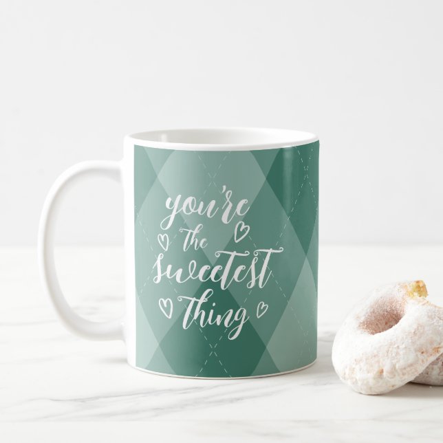 Valentine You're the Sweetest Thing Green Argyle Coffee Mug (With Donut)