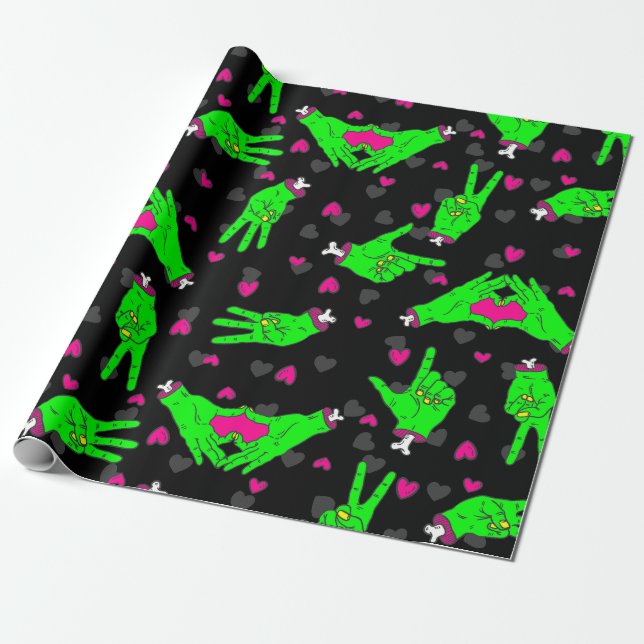 valentine zombie love heart hands halloween  wrapping paper (Unrolled)