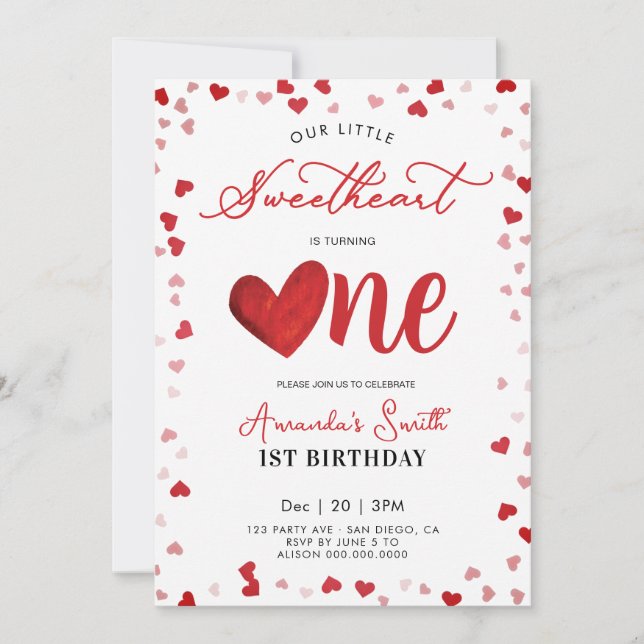 Valentines 1st girl Birthday Invitation (Front)