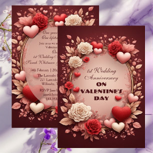 Valentines 1st Wedding Anniversary Burgundy Roses Invitation