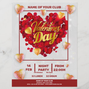 Valentines 3D Golden & Red Hearts Square Party Flyer