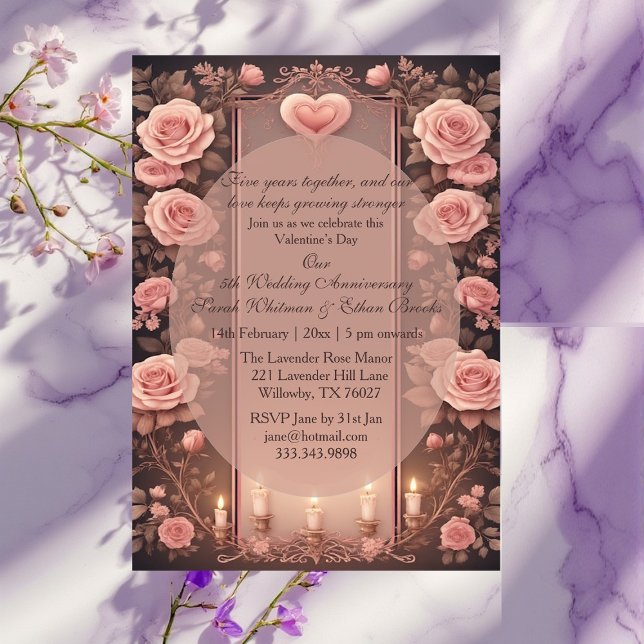 Valentines 5th Wedding Anniversary Burgundy Roses  Invitation (Valentines 5th Wedding Anniversary Burgundy Roses Invitation)