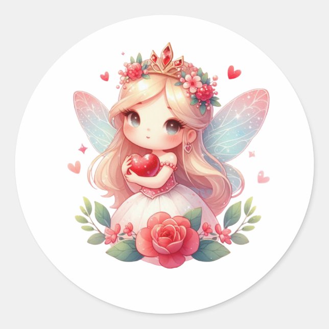 Valentines Adorable Fairy Classic Round Sticker (Front)