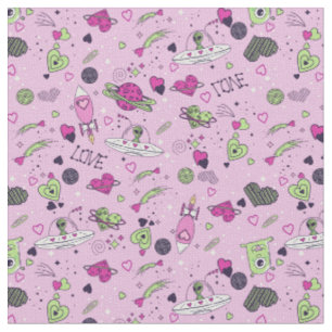 valentines alien love ufo spaceship pink fabric