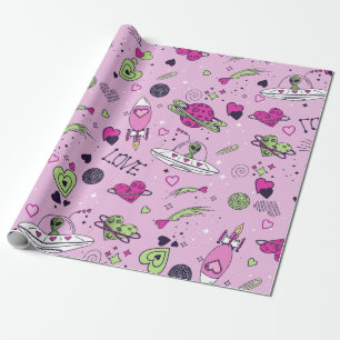 valentines alien love ufo spaceship pink wrapping paper