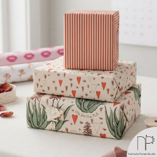 Valentines Aloe Plants Succulents Stripes Hearts Wrapping Paper Sheet