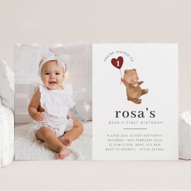 Valentines Bear Photo 1st Birthday Invitation (Creator Uploaded)