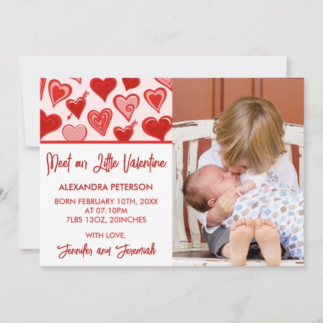 Valentines birth announcement card cute heart red (Front)