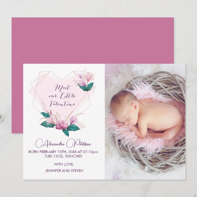 Valentines birth announcement card Elegant Flower (Front/Back)