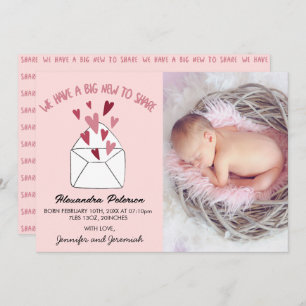 Valentines birth announcement card envelope hearts