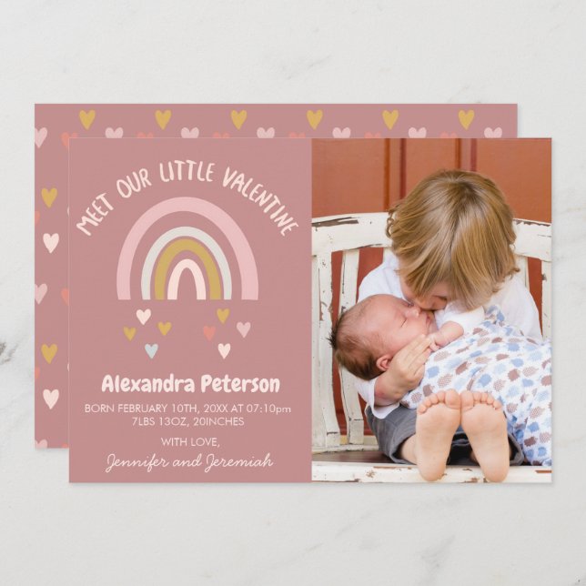 Valentines birth announcement card rainbow hearts (Front/Back)