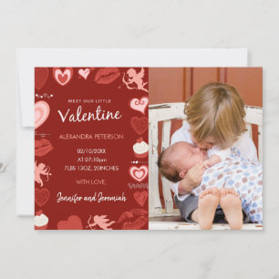 Valentines birth announcement card red pink modern